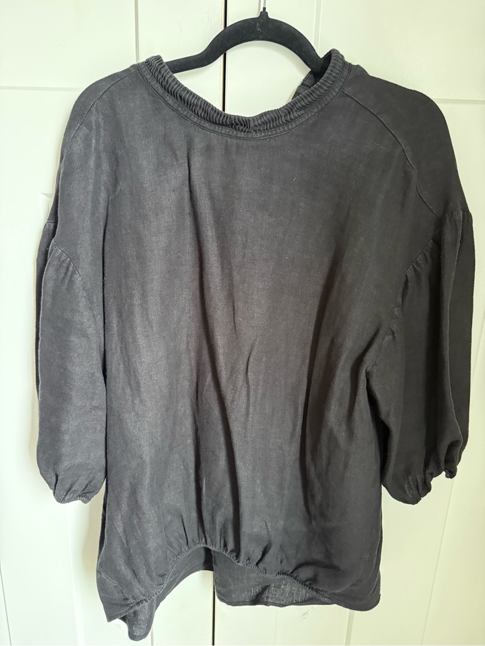 Zara Washed Black Relaxed linen blouse with neck detail, size M. EUC.